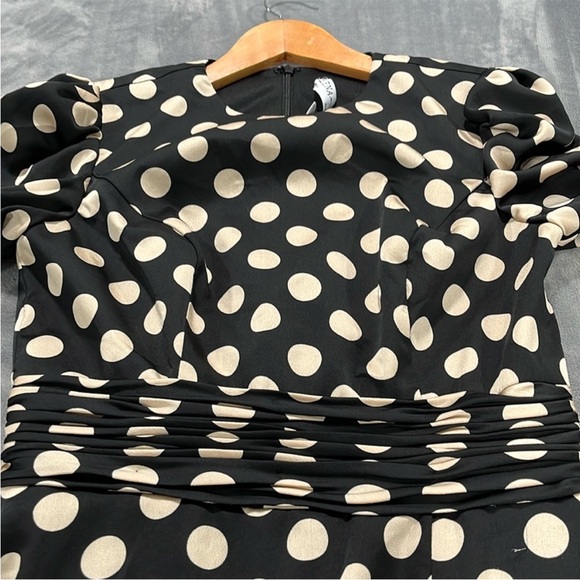 Mac Duggal 26572 Polka Dot Maxi Dress Size 6 Puff Sleeve Slit Gown Black - Picture 7 of 10